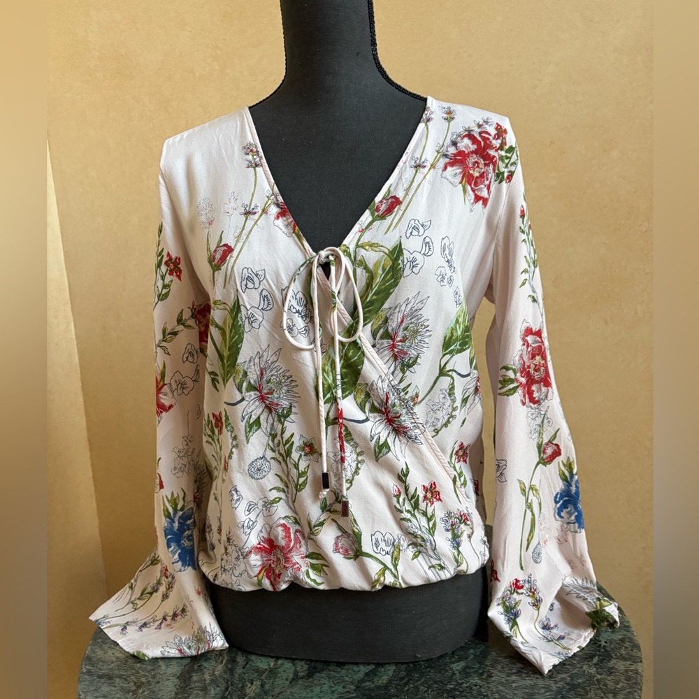 Lovestitch Floral Wrap Blouse - Cream and Red - Size S
